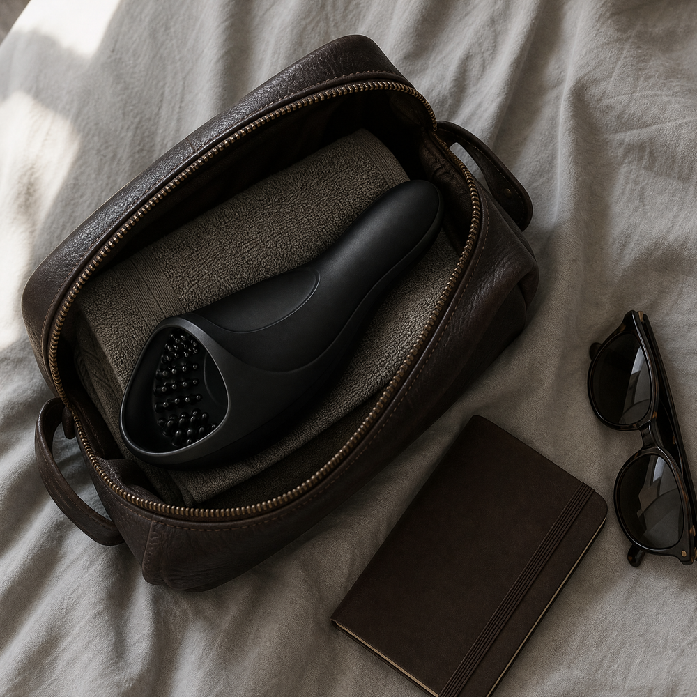 Massageador masculino Ondavir na nécessaire de viagem